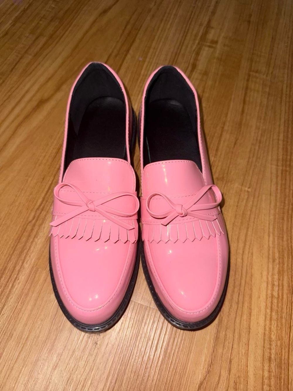 Patent Pink Fringe Bow Loafers - Women's Slip-On Flats
